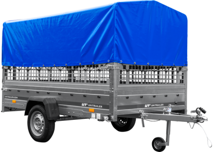 Rimorchio da 265 x 150 cm con sponde laterali a griglia e telone blu